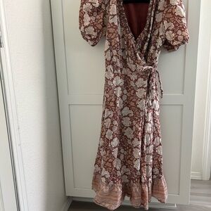 Cleobella Floral Wrap Dress in Brown and Cream